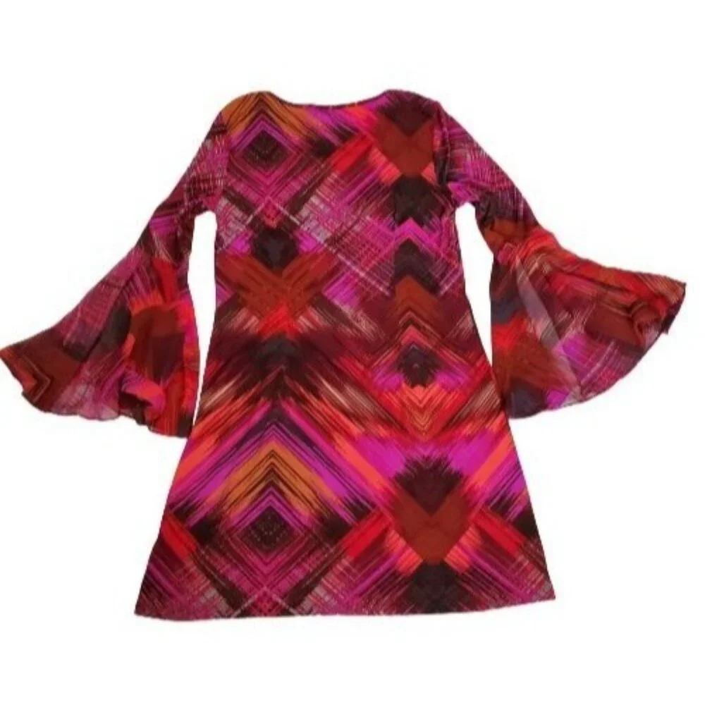 MSK Women's Pink Red Orange Print Sheer Bell Sleeve Cocktail Dress Size Medium - Picture 3 of 11